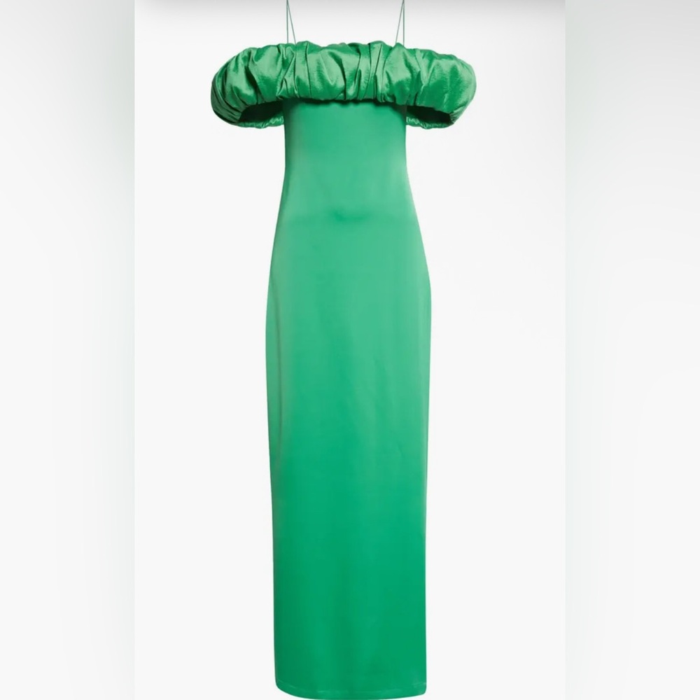 $475 ORIRE Amella Cold Shoulder Column Gown Elegant Green Off-Shoulder SZ 12